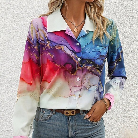 Multicolor Casual Womens Marble Print Button Front Shirt - Picture 5 of 5